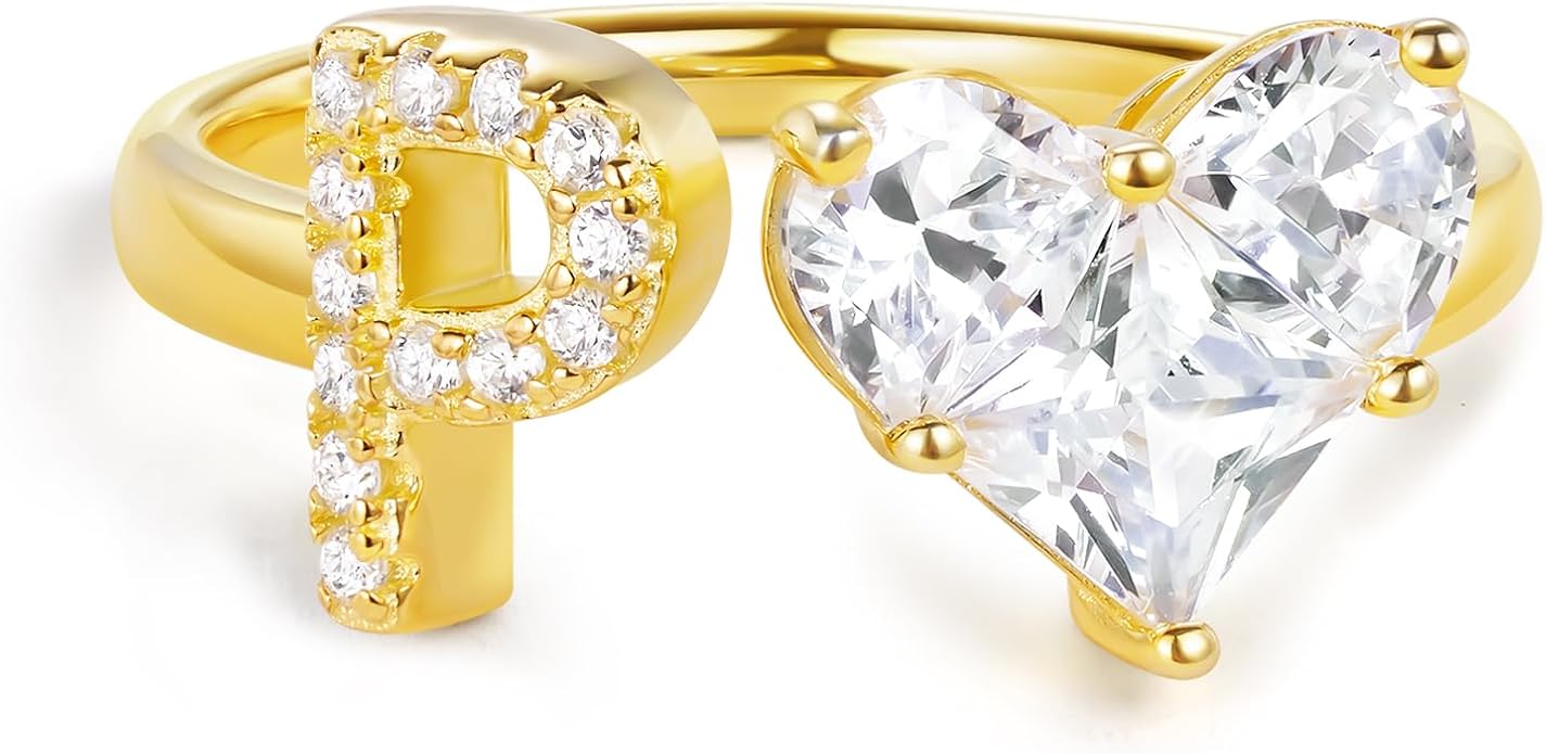 KissYan Sterling Silver Initial Heart Ring for Women, S925 Letter Rings 14K Gold Plated Open Adjustable Dainty Pave CZ Personalized Fashion Trendy Gifts for Mother's Day