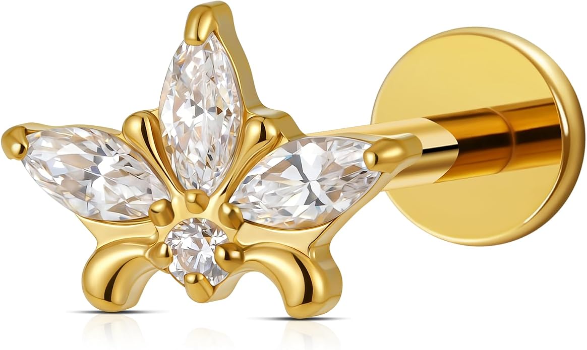 FINE4U ASTM F136 Titanium Piercing Jewelry Stud - 16G 6mm 8mm Triple Marquise Lotus Flower Cartilage Earring, Hypoallergenic Flatback Bridal Jewelry