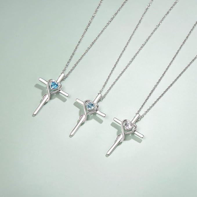 FANCIME Birthstone Cross Necklace for Women Birthstone Necklace Heart Infinity Cross Pendant Necklace Fine Jewelry Christmas Birthday Holiday Gifts for Her, 16"+2" Inches