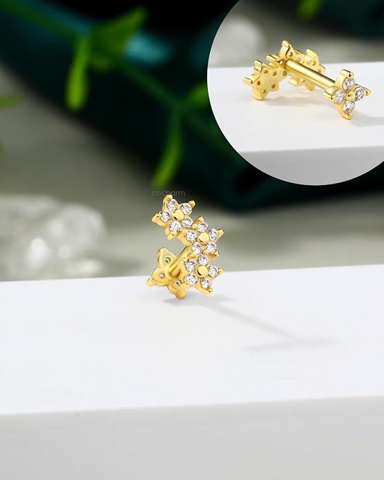 COCHARM 14K Gold Plated Flat Back Cartilage Earrings Stud, 925 Sterling Silver Helix Earrings Stud, 16G Internally Thread Tragus Piercing Jewelry