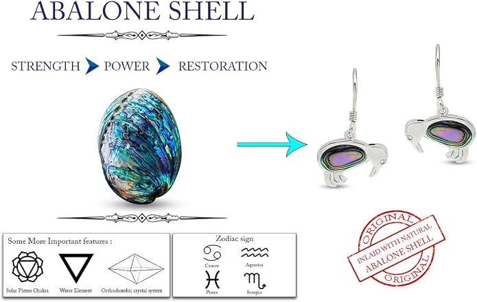 Abalone Shell Animal Dangle Earrings for Women (Kiwi Bird, Cat, Seahorse) in 14K White Gold Over 925 Sterling Silver, Iridescent Fishhook Drop Jewelry Gift