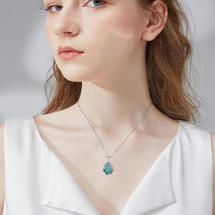 Teardrop Moonstone/Turquoise Necklace for Women 925 Sterling Silver Cage Filigree Necklaces Anniversary Birthday Jewelry Gift for Women