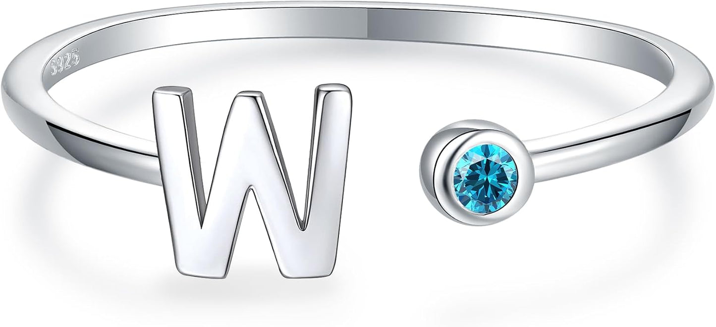 925 Sterling Silver Initial Letter Birthstone Rings for Women Adjustable 1-12 Month Birthstone Alphabet Stacking Ring for Teens Girls Stackable Birthstone Rings Birthday Jewelry Gift for Daughter Mom