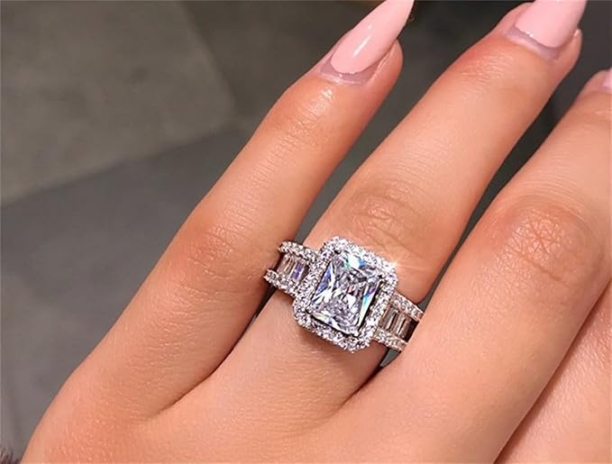 925 Sterling Silver Shiny Full Diamond Ring Square Cut 3Ct Cubic Zirconia Cocktail Rings CZ Multi Row Diamond Ring Eternity Engagement Wedding Band Ring for Women Z.47 (US Code 7)