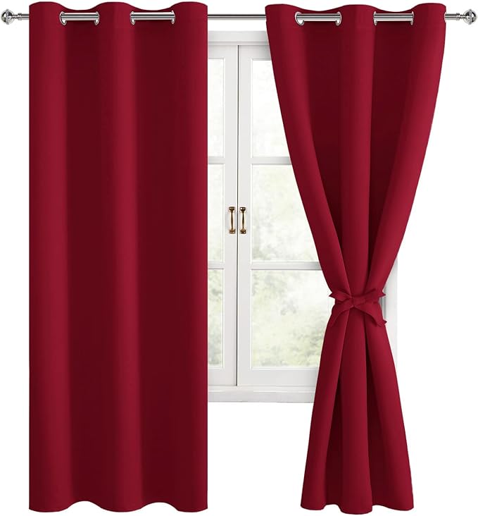 Hiasan Blackout Curtains for Bedroom and Living Room, Light Blocking, Noise Reducing Window Curtain Panels, Tiebacks Included, Set of 2, Grommet Top (Red, Width 42 Inch x Length 72 Inch)