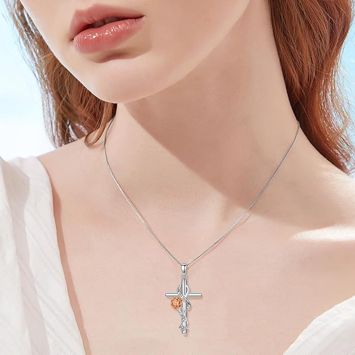 Cross Necklace for Women 925 Sterling Silver I Love You Necklace Religious Jewelry with Gift Box for Mother Daughter