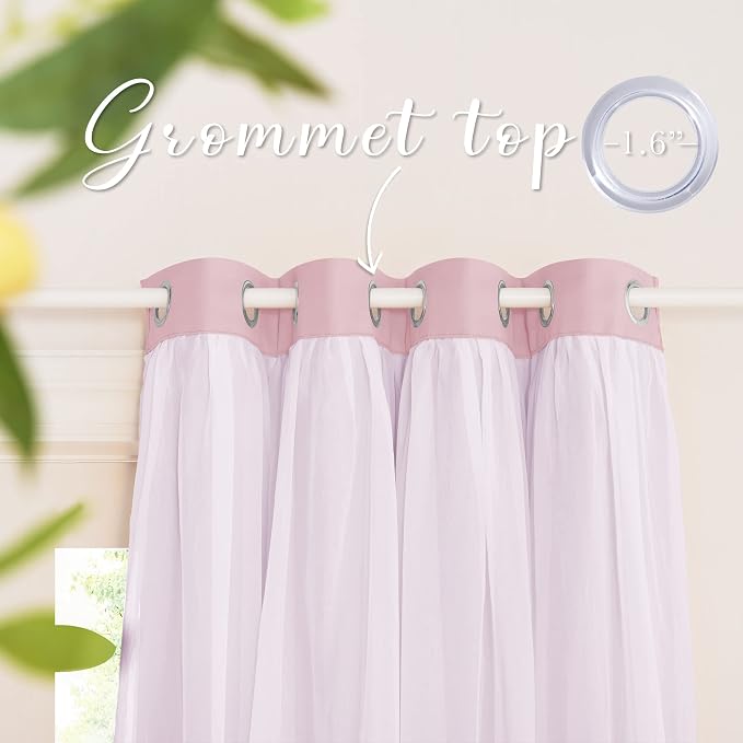 PONY DANCE Short Pink Curtains - Light Block Drapes with Sheer Layer Mix & Match Voile Drapes Decoration for Baby Girls Bedroom, 52 W x 63 L, Light Pink, 2 PCs