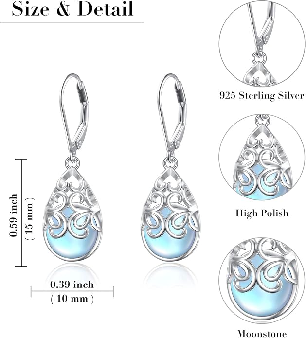 925 Sterling Silver Filigree Dangle Drop Earrings Daisy/Lotus/Rose Flower/Moonstone Leverback Teardrop Earrings for Women Infinity Celtic Knot Daisy Lotus Jewelry for Mothers Day