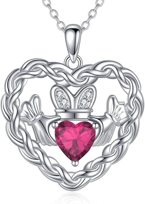 Birthstone Claddagh Heart Necklace 925 Sterling Silver Heart Celtic Knot Claddagh Necklace Pendant Irish Jewelry Gifts for Women Mom Wife Sister Christmas Birthday,18+2 inch