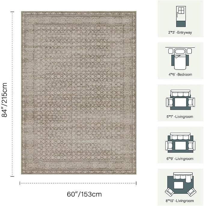 Area Rugs 5x7, Washable Rugs for Living Room, Vintage Boho Rug for Office, Dining Room, Kids Room and Farmhouse, Durable Low Pile Non-Slip Area Rug for High Traffic Areas(Apricot)
