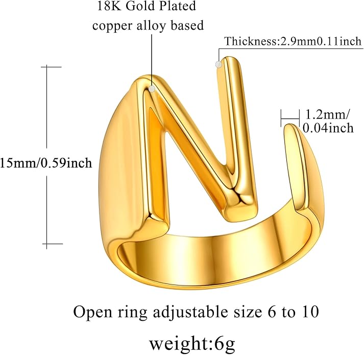 FindChic Customizable Initial Ring Statement 18K Gold Plated Fashion Cuff Rings for Women Alphabet Letter A to Z Resizable Knuckle Ring (with Gift Box)