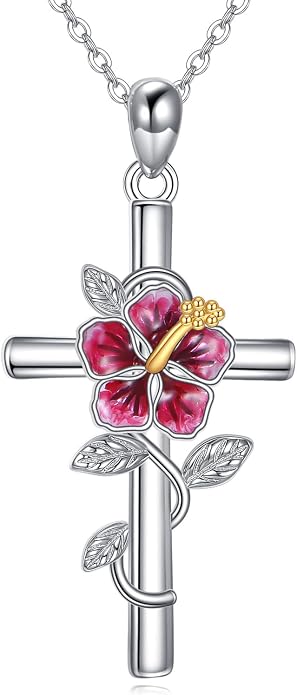 Flower Cross Necklace 925 Sterling Silver Carnation/Rose/Lily/Daisy Cross Necklace Birth Flower Jewelry for Women