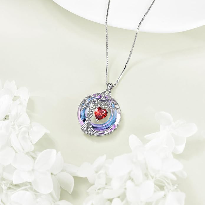 POPLYKE Mothers Day Gifts for Mom Her Wife Tree of Life Necklace 925 Sterling Silver Birthstone Pendant with Crystal Anniversary Birthday Wedding Jewelry for Women