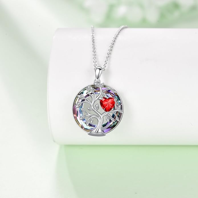 Tree Of Life Birthstone Necklace 925 Sterling Silver Crystal Family Tree Pendant Necklaces Heart Birthstone Jewelry For Women Female Anniversary Birthday Gifts