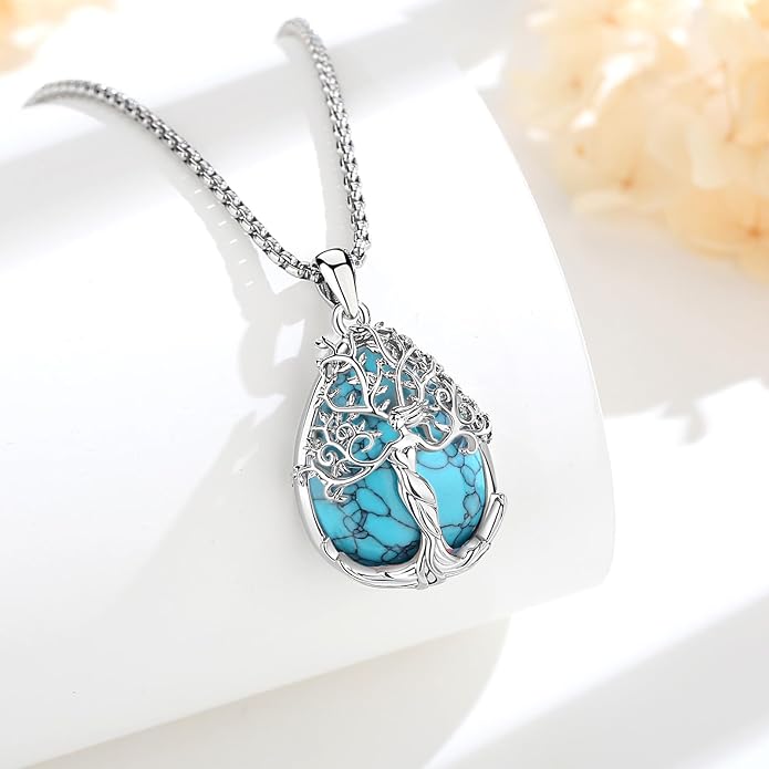 AEONSLOVE Tree of Life Necklace with Crystal for Women, Amethyst/Obsidian/Turquoise/Moonstone/Malachite Crystal Pendant Necklaces for Ladies