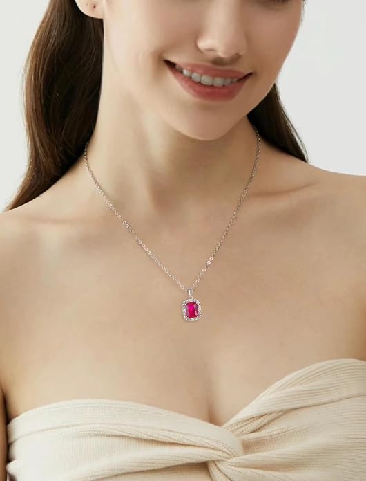 Princess Cut Necklaces for Women, 925 Sterling Silver Emerald Cut Birthstone Pendant Necklace Halo Square Rectangle Jewelry Gifts for Her
