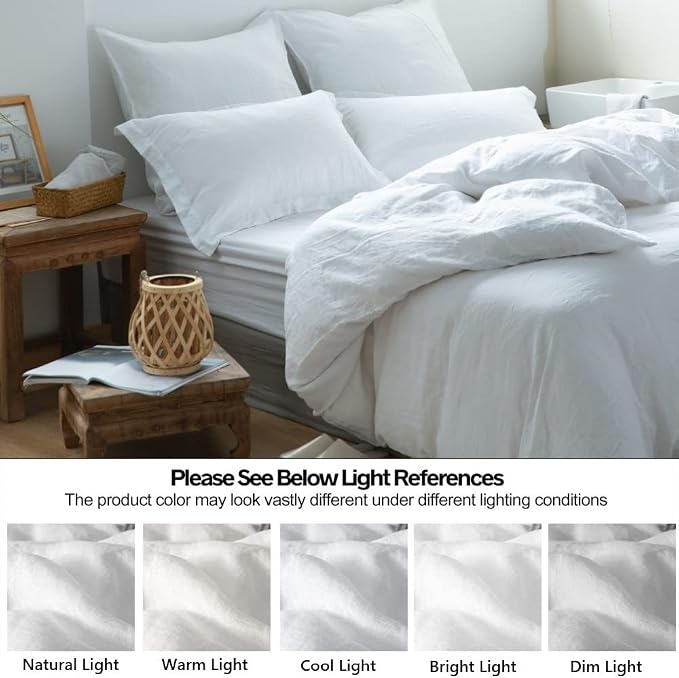 Simple&Opulence 100% Linen Duvet Cover Set 3pcs Basic Style Natural French Washed Flax Solid Color Soft Breathable Farmhouse Bedding with Button Closure - White, Full