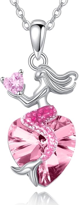 Mermaid Birthstone Necklace for Women 925 Sterling Silver Jewelry Austrian Crystal Pendant Christmas Gifts for Her
