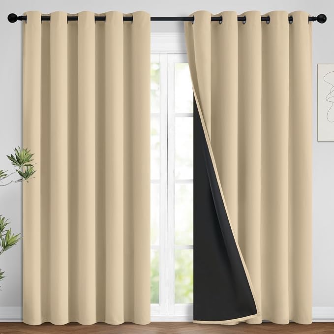 Yakamok Beige 100% Blackout Curtains 96 Inches Long for Bedroom 62" Wide | Blackout Curtain Panels for Bedroom, 2 Thick Layers Grommet Top Thermal Insulated Drapes with Black Liner for Living Room