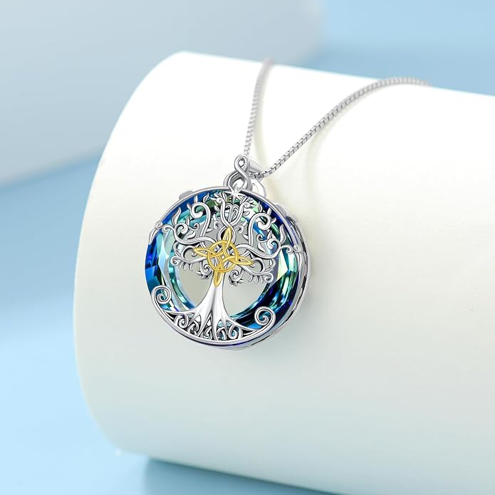 TOUPOP Tree of Life Necklace 925 Sterling Silver Celtic Knot Tree Pendant Jewelry with Blue Crystal Christmas Gifts for Women