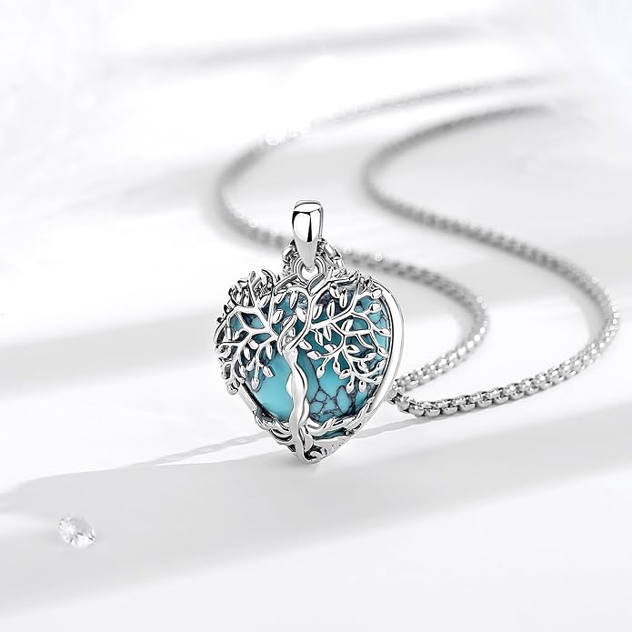 Vito Tree of Life Necklace for Women Men, Silver Plated Copper Teardrop Moonstone/Obsidian/Turquoise/Amethyst/Malachite Crystal Tree Necklace Protection Energy Amulet Jewelry Gift for Mom Wife, 20+2"
