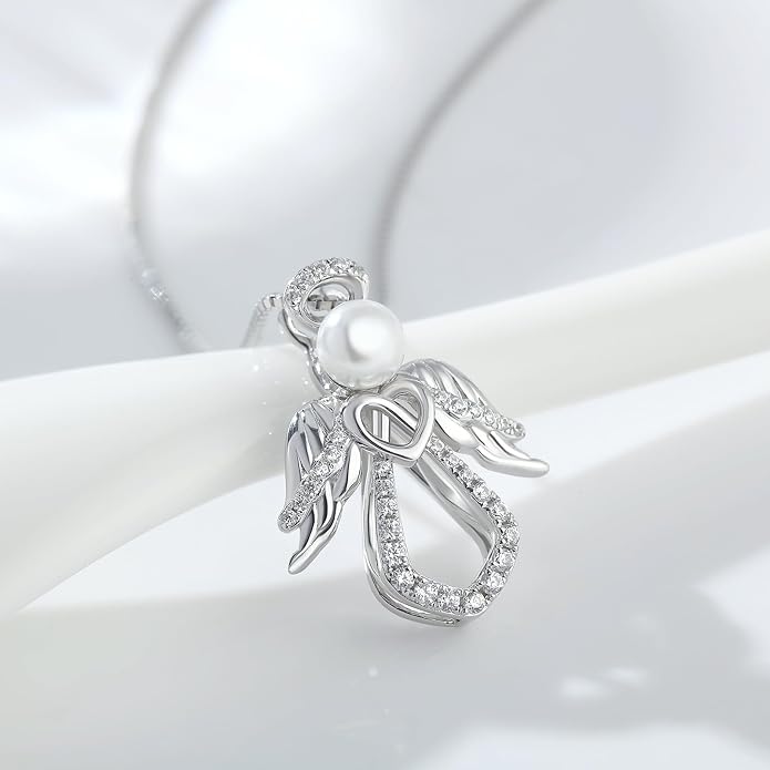 925 Sterling Silver Guardian Angel Pendant Necklace for Women with Birthstone Cubic Zirconia Little Angel Pendant Necklace Jewelry 18 inch Chain