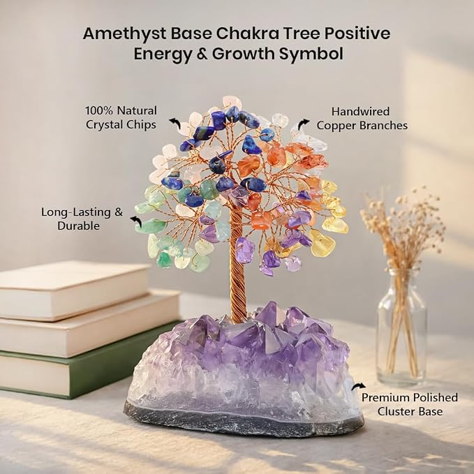Crocon® 7 Chakra Crystals Tree of Life with Amethyst Cluster Base, Gift for Women Men Birthday Gifts MoM, Money Tree Feng Shui Good Luck Healing Crystals Home Decor Crystals and Healing Stones