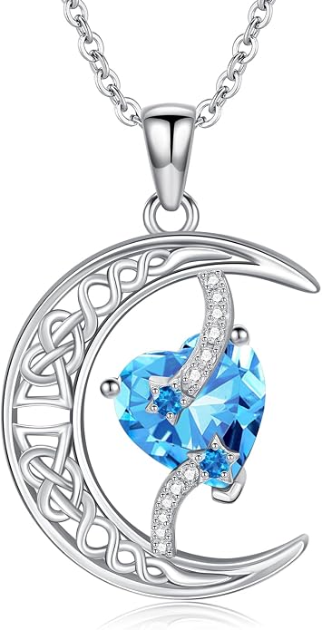 TOUPOP Moon and Star Birthstone Necklace for Women 925 Sterling Silver Celtic Moon Jewelry Birthday Mothers Day Gifts for Mom Wife Her