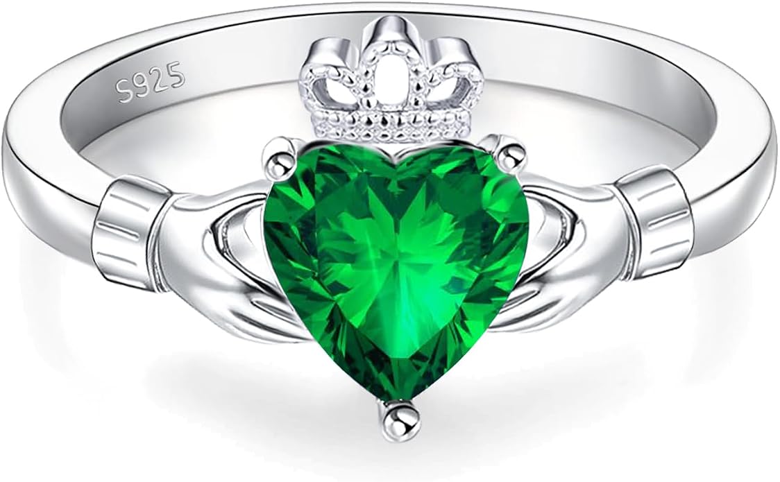 Claddagh Rings for Women 925 Sterling Silver Irish Birthstone Statement Ring Jewelry for Wife