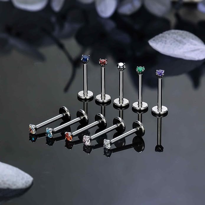 Ruifan Titanium Flat Back Lip Rings Threadless Push in Earrings Studs Nose Rings 20G 18G 16G Mix Colors CZ Tragus Cartilage Lobe Rook Helix Conch Labret Medusa Nostril Piercing Jewelry for Women Men