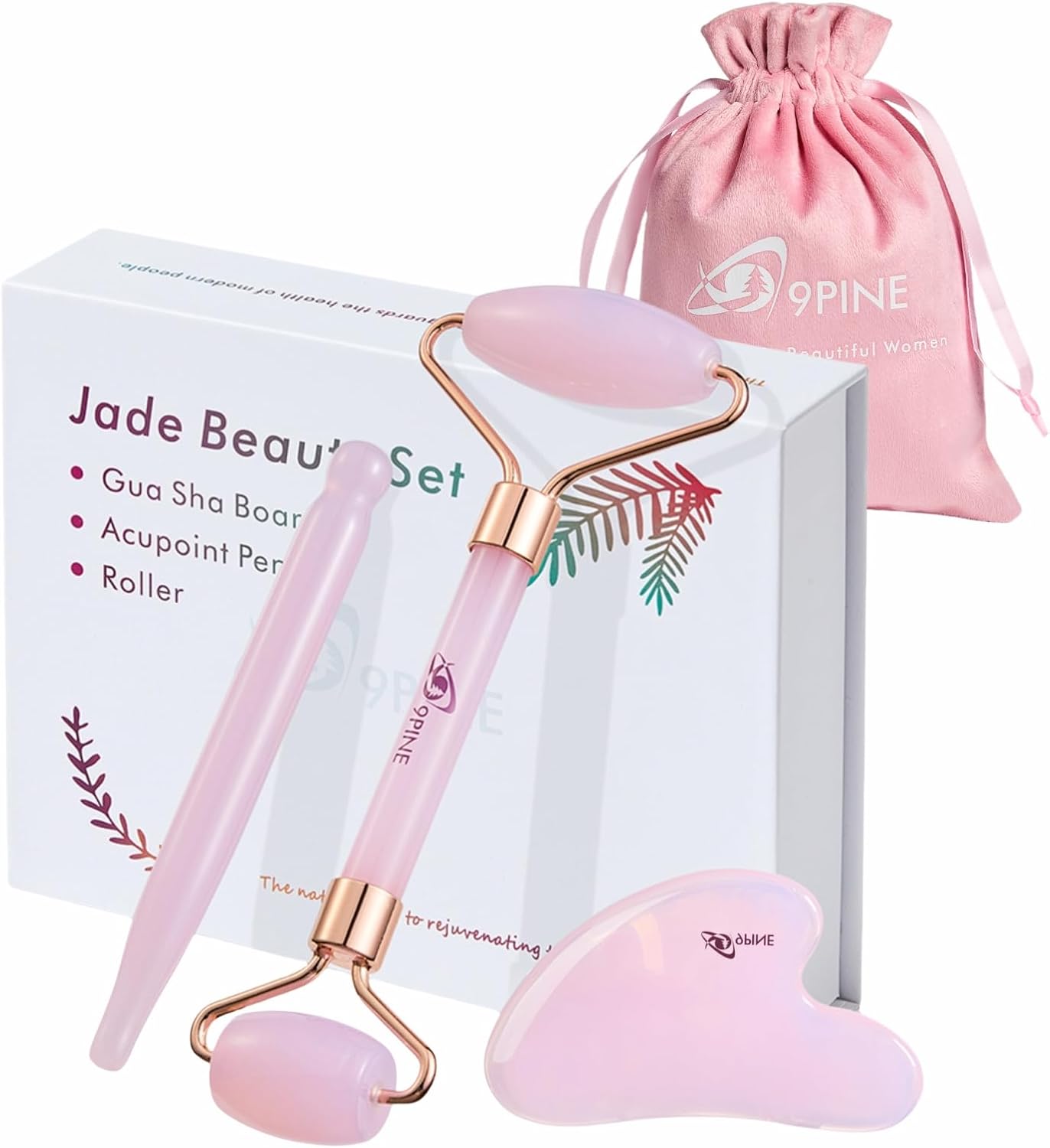 Jade Roller and Gua Sha Set, Face Massage Tools for Skincare,Facial Tools for Face, Neck, Eyes, for Enhanced Lymphatic Drainage, Self Care Gift for Men Women(Pink)