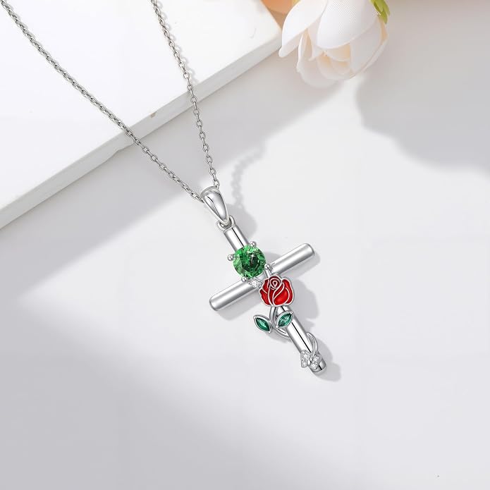 Birthstone Cross Necklace 925 Sterling Silver Rose with Butterfly Birthstone Cross Pendant Necklace Jewelry Gifts for Women Birthday Christmas
