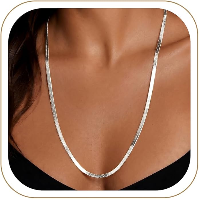 WomenGifts 14K Gold Silver Plated Herringbone Necklace for Women, Dainty Snake Chain Choker, Trendy Simple Long Layered Jewelry Non Tarnish, 3/4/5/8mm,14,16,18,20,22,24,26 Inch Thin & Chunky Options
