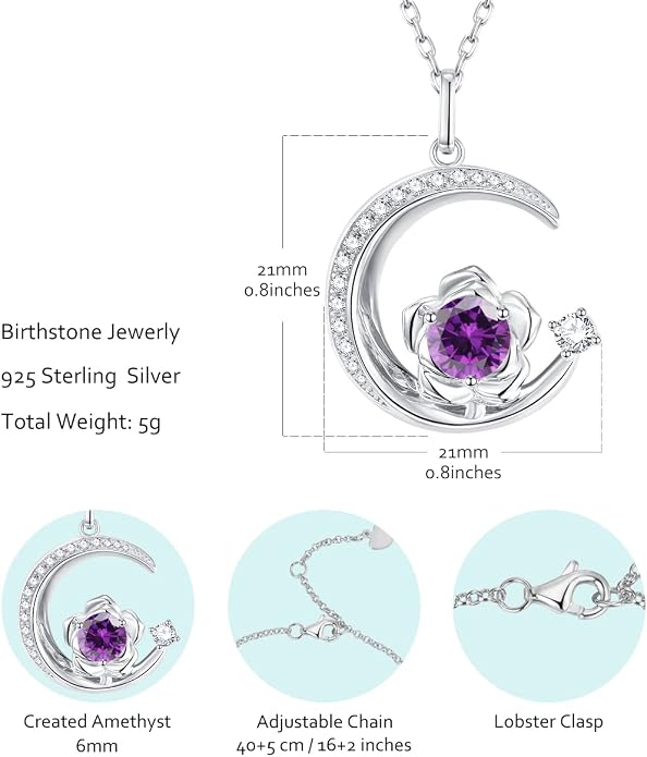 Birthstone Necklace for Women Sterling Silver Moon Pendant Necklaces Anniversary Birthday Fine Jewelry Gifts for Her Women Mother, Adjustable Chain