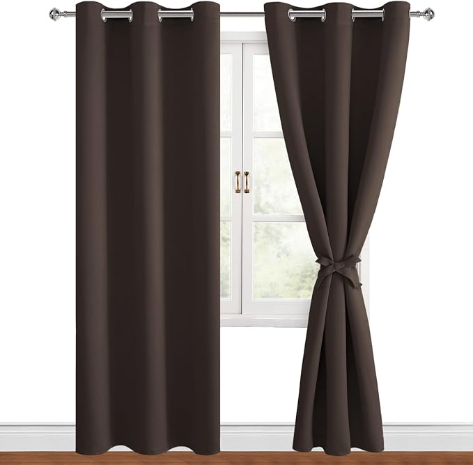 Hiasan Blackout Curtains for Bedroom and Living Room, Thermal Insulated, Noise Reducing Window Curtain Panels, Tiebacks Included, Set of 2, Grommet Top (Brown, Width 38 Inch x Length 72 Inch)