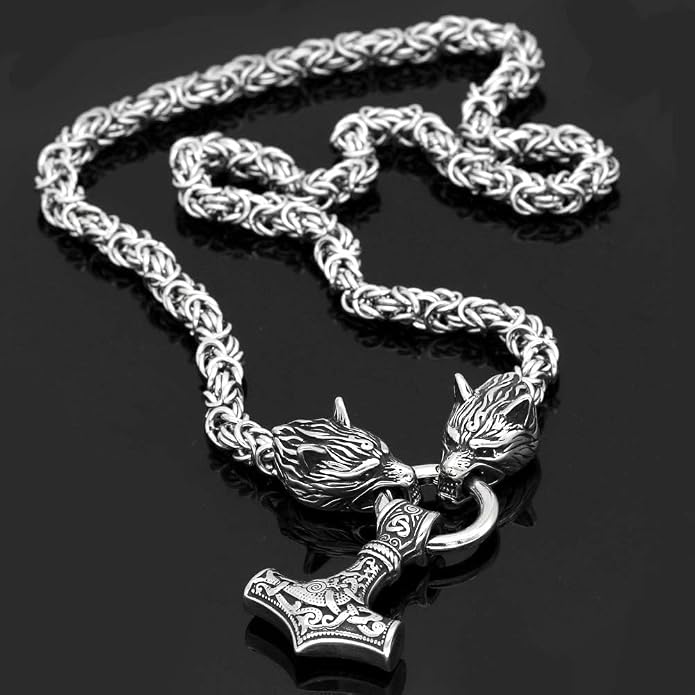 Viking Wolf Head Thor’s Hammer Pendant Necklace – Stainless Steel Norse Amulet Jewelry for Men, Nickel-Free, Gift Box Included