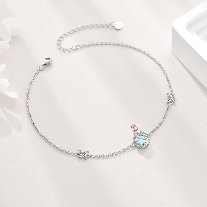 AOBOCO 925 Sterling Silver Anklet for Women Crystal Butterfly Dragonfly Evil Eye Ankle Bracelet Ankle Summer Beach Jewelry Gifts