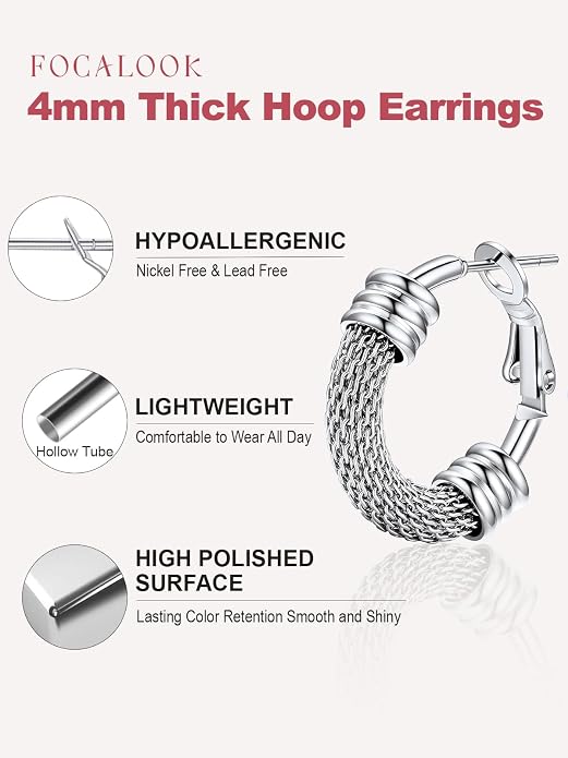 FOCALOOK 14K Gold Plated Hoop Earrings, Lightweight Hypoallergenic Large Stainless Steel Black Hoops Earrings for Women 20/30/40/50/60/70/80mm
