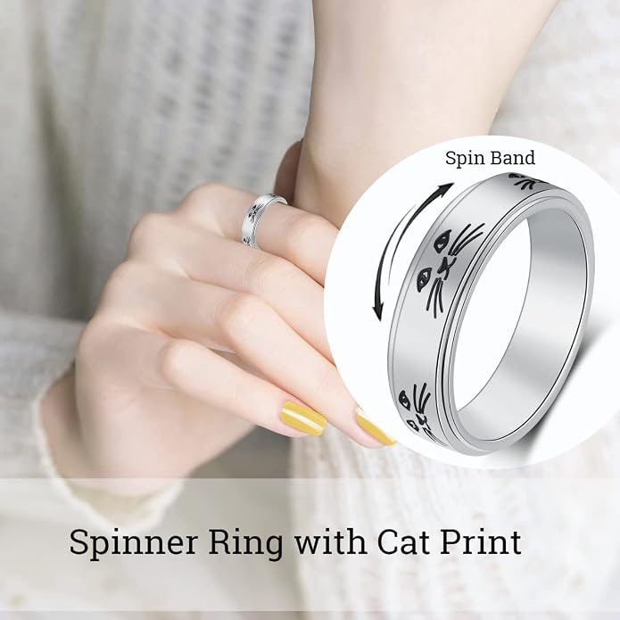OreilleStar Anxiety Ring for Women Spinner Ring Titanium Stainless Steel Fidget Ring Men 6mm Width With Dog Paw Kitty Cat Face Evil Eye Pattern Spinning Outer Band Size 6 7 8 9 10
