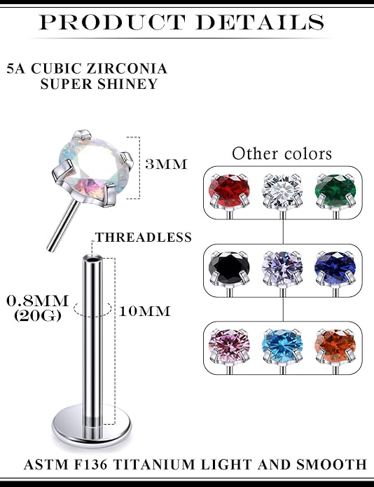 20G 18G 16G Astm F136 Titanium Threadless Flat Back Earrings Nose Studs Tragus Helix Conch Cartilage Lobe Earrings Medusa Labret Snake Bite Monroe Lip Ring Piercing Jewelry For Women Men