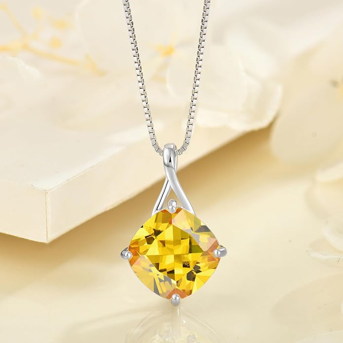 Square Cut Birthstone Necklace for Women Hypoallerg 925 Sterling Silver Cubic Zirconia Necklace Simple Jewelry for Her