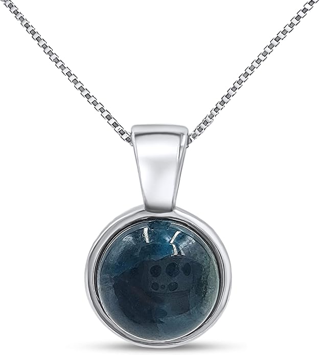 Natural gemstone 8mm round pendant with white gold over 925 sterling silver bezel cabochon plate and box chain, real genuine dainty birthstone gift for her, uniquelan jewelry