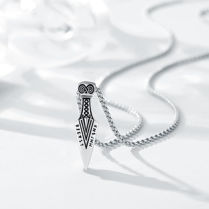 Viking Arrowhead Necklace for Men and Women, 925 Sterling Silver Viking Necklace with Rune Gungnir Spear Arrow head Pendant Jewelry Gifts