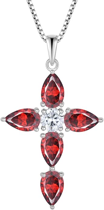 Cross Necklace for Women 925 Sterling Silver Teardrop Birthstone Pendant Religious Jewelry Gifts for Women