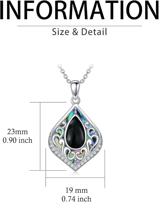 HPQQ Filigree Gemstone Necklace 925 Sterling Silver Teardrop Bohemian Necklace Abalone Shell Jewelry Birthday Gifts for Women