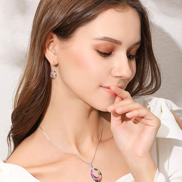 H ermosa 925 Sterling Silver Necklace for Women Austria Crystals Oval Shape Pendant Necklace Hypoallergenic Jewelry Gift Birthday Gift (A Rainbow Crystal Necklace)