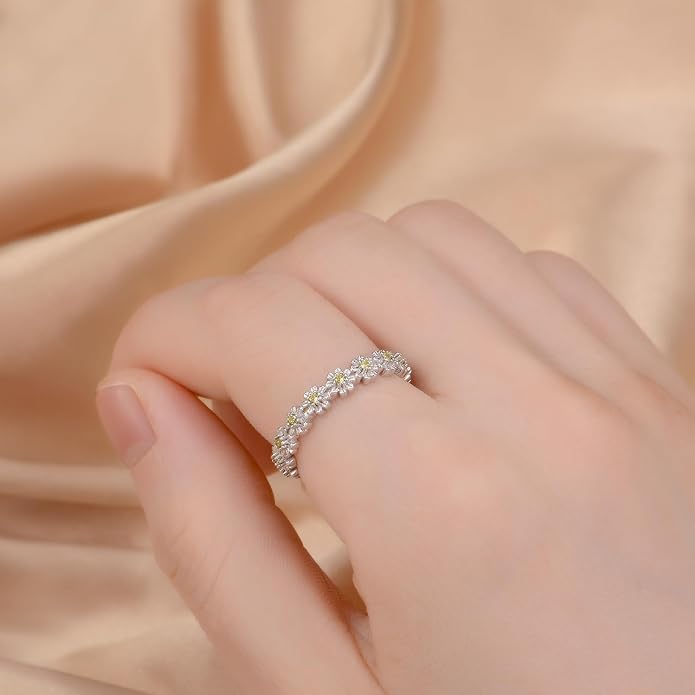 925 Sterling Silver Dainty Daisy Butterfly Paw Heart Eternity Rings Blue Flower Finger Rings for Women Stacking Promise Rings Gift Jewelry