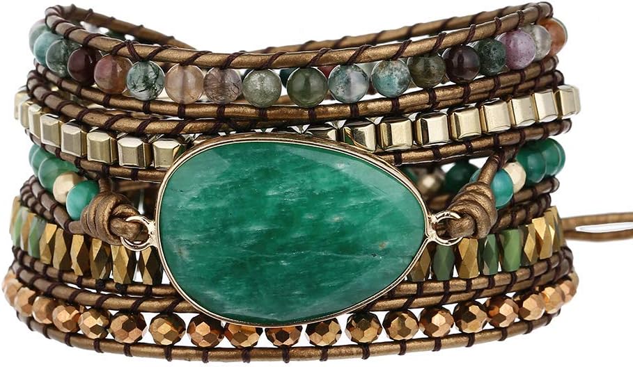 Plumiss Women Boho Handmade Natural Stone Crystal Leather Bead Wrap Bracelets Collection