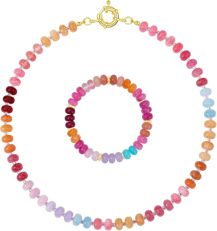 KELORIS PATH Beaded Gemstone Necklaces for Women, Boho Colorful Bead Choker Necklace, Natural Stone Handmade Summer Jewelry for Beach