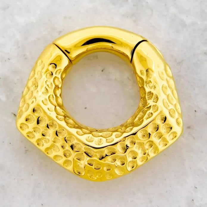 6GA 316L Stainless Steel Hammered V-Shaped Hinged Clicker Rings for Stretched Piercings, Sold as a Pair